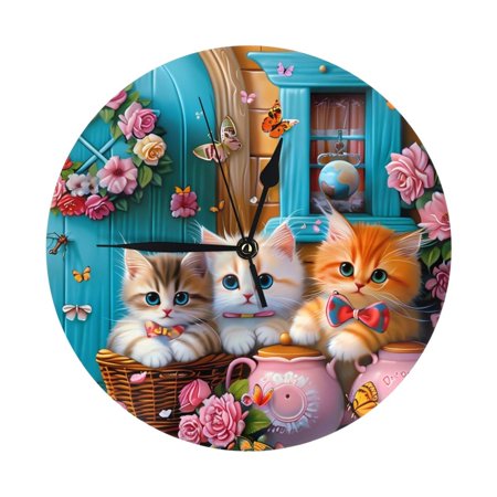 Whimsical Cats and Flowers Scene Wall Clock Silent Non Ticking - 10 Inch Battery Operated Modern Clocks for Living Room Bedroom Kitchen Bathroom Office Classroom, Decorative Clocks