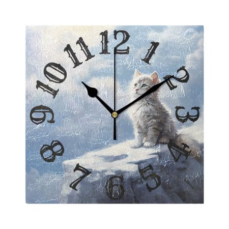 White Cat Iceberg Clouds Wall Clock Square Silent Non Ticking Battery Operated Clock for Home Bathroom Kitchen Bedroom Living Room