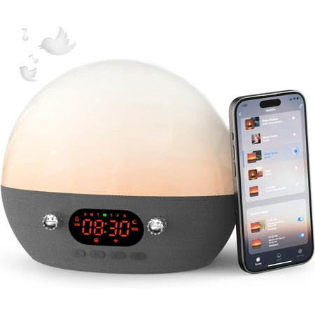 White Noise Sound Machine for Sleep Sunset Sound Machine with 11 Soothing Sounds Sunrise Alarm Clock with Bluetooth Speaker, Timer for Adults Baby Kids App Control【2.4G WiFi Required】