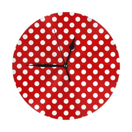 white polka dot bright red Wall Clock Silent Non Ticking - 10 Inch Battery Operated Modern Clocks for Living Room Bedroom Kitchen Bathroom Office Classroom, Decorative Clocks