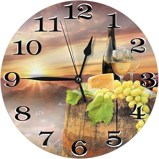 White Wine with Barrel Wall Clock Battery Operated Silent Round Clock Wall Decor for Home, Office, School 9.8 Inch