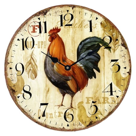 Whoamigo Retro Wooden Wall Clock, Rooster Design, Silent Rustic Decor