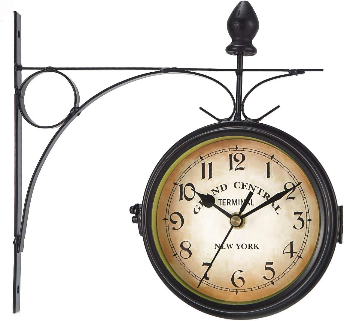 WICHEMI Double Sided Wall Clock 7 | 18cm Vintage Double Sided Clock Wall Mounted European Double Sided Train Station Clock Retro Double Sided Clock Hanging for Patio Garden Home Living Room Bedroom