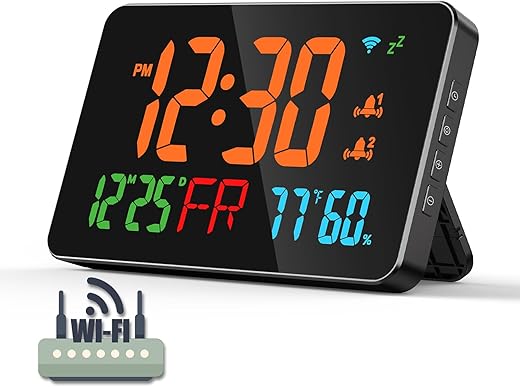 WiFi Clock, Atomic Clock, Automatic Time Calibration, with Clock Area Temperature Humidity, Date, Day of Week, Adjustable Brightness, with Smart Life APP