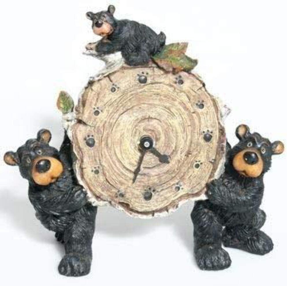 Willie Black Bear with Cub Holding a Birch Log Clock 8"