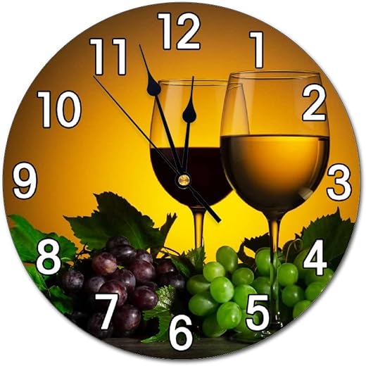 Wine and Wine Grapes Wall Clock Battery Operated Silent Round Clock Wall Decor for Home, Office, School 9.8 Inch