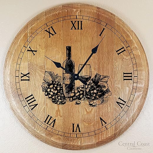 Wine Barrel Head Wine Glass Engraved Large Wall Clock - Wine Barrel Handcrafted Wine Barrel Furniture