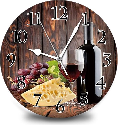 Wine Champagne Grape Vintage Home 12 Inch Silent Vintage Design Wooden Round Wall Clock Arabic Numerals Design Non Ticking Retro Clocks Home Decor Desk Clock