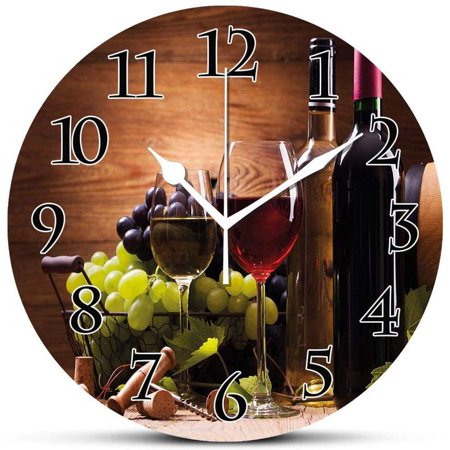 Wine Silent Wall Clock Glasses Of Red And White Wine Served With Grapes French Gourmet Tasting Desk Clock Round Unique Decorative For Home Bedroom Office 14In