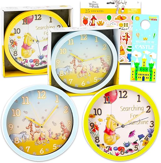 Winnie The Pooh Wall Clock Set- Room Decor Bundle with 2 Stitch 10” Wall Clocks, Plus Stickers and More | Pooh Bedroom Clocks