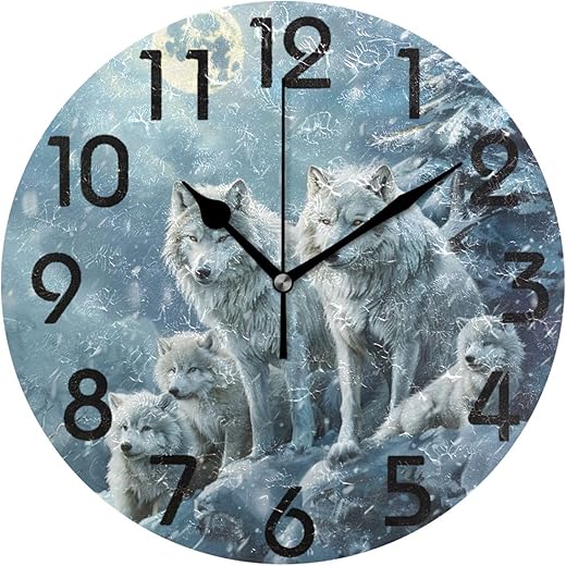 Winter Night Wolf Family 10 Inch Round Wall Clock, Large Battery Operated Analog Quiet Non Ticking Desk Clock for Home/Kitchen/Living Room/Bedroom/Bathroom/Office