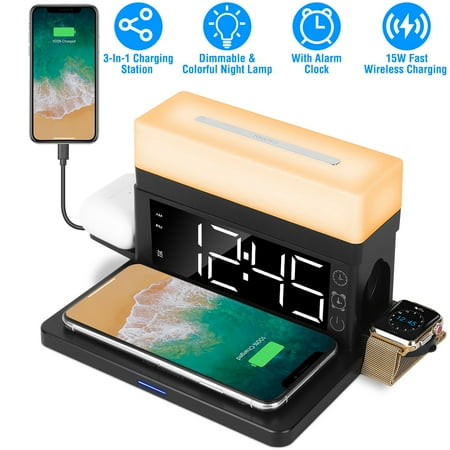 Wireless Charger 3 in 1 TeqHome Fast Charging Station Dock with Digital Alarm Clock and Dimmable Colorful Night Light Fit for iPhone 14/13/12/11/Pro Max/iWatch/AirPods