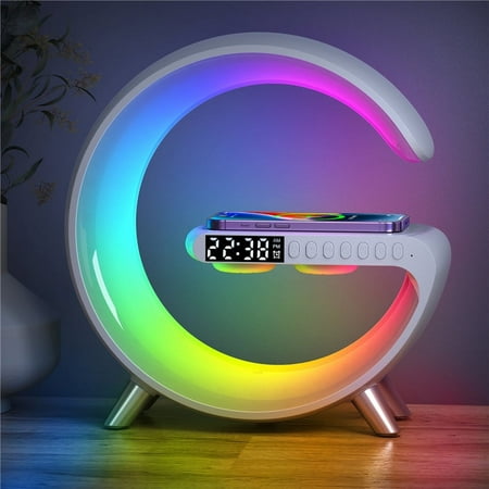 Wireless Charger Stand Alarm Clock Speaker RGB Fast Charging Station for IPhone Samsung - White