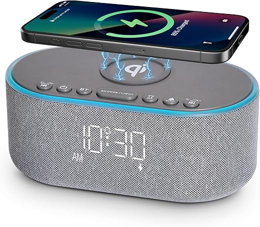 Wireless Charging Alarm Clock Radio: Qi Certified Fast Wireless Charger for iPhone Samsung - 10W Stereo Bluetooth Speaker - Dimmable Digital Clock with FM Radio for Bedroom Gray