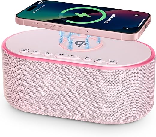 Wireless Charging Alarm Clock Radio: Qi Certified Fast Wireless Charger for iPhone Samsung - 10W Stereo Bluetooth Speaker - Dimmable Digital Clock with FM Radio for Bedroom Pink