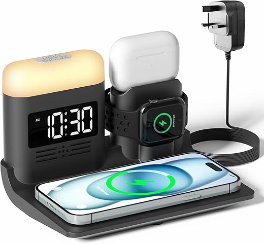 Wireless Charging Station for Apple Devices, 5 in 1 Wireless Charger Stand with Alarm Clock and Light, Charging Dock for iPhone 15 14 13 12 11 X Pro Max, Apple Watch 9/8/7/6/5/4/3/2/SE, AirPods 3/2/1