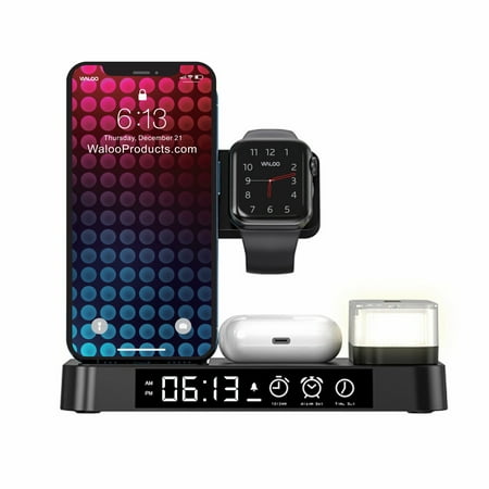 Wireless Charging Station for iPhone, Airpod's, Apple Watch- 3 in 1 Foldable Digital Alarm Clock & Light Black