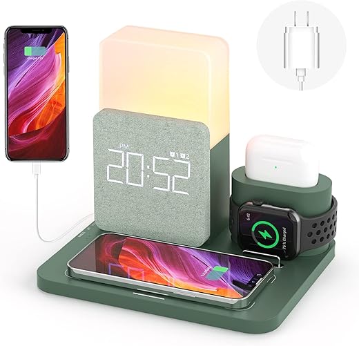 Wireless Charging Station, iPhone 3 in 1 Fast 15W Wireless Charger with Alarm Clock and Night Light, Charging Dock for iPhone 12/13/14/15/16 Pro/Pro Max, Samsung, AirPods