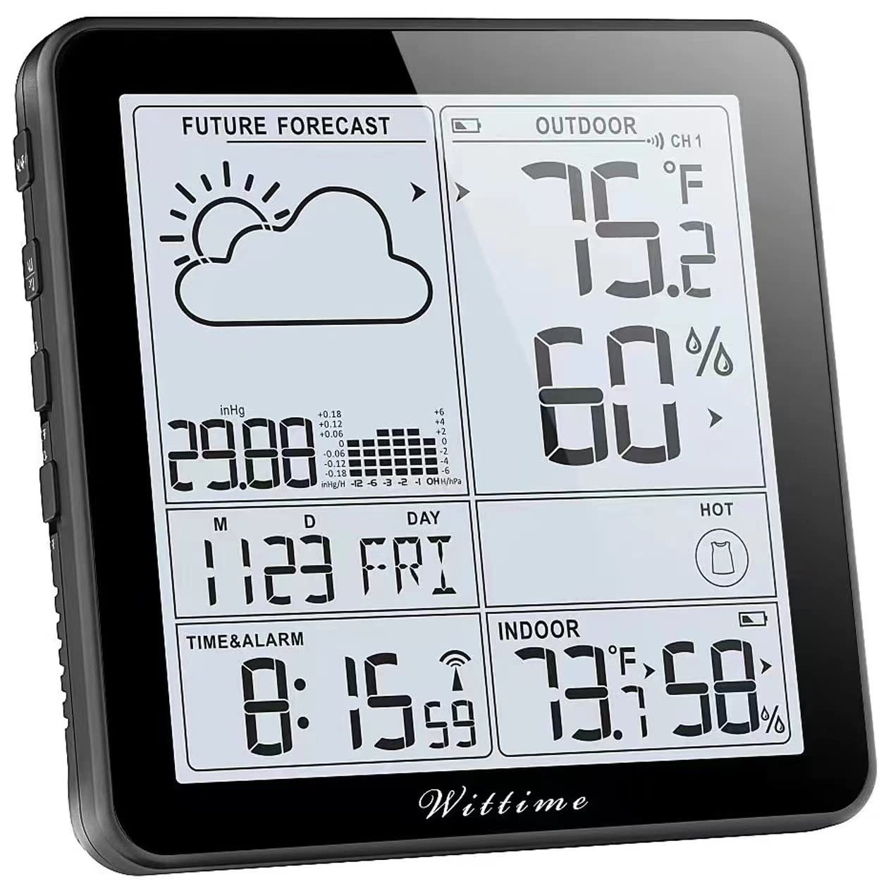 Wittime 2180 Weather Station with Atomic Clock Indoor Outdoor Thermometer Wireless Wireless Temperature and Humidity Monitor Inside Outside with Sensor Battery Powered