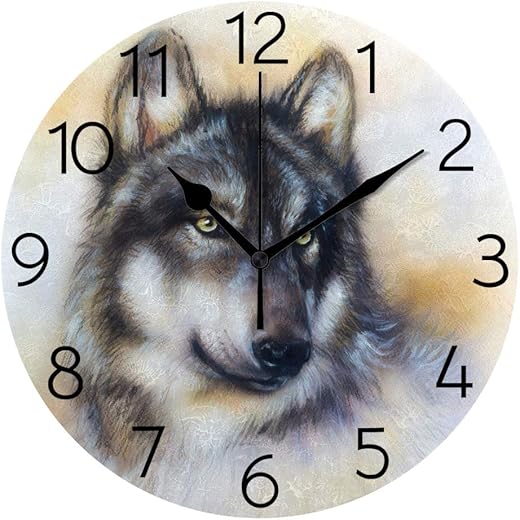 Wolf Painting Wall Clock 9.8 Inch Silent Non Ticking Battery Operated Decorative Round Wall Clocks for Kitchen Bedroom Living Room