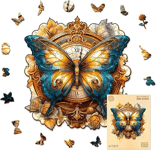 WOODBESTS Wooden Puzzle for Adults, Butterfly and Clock Puzzle (L, 270pcs, 13.4"x12.5") Wood Puzzles Adult, Wooden Jigsaw Puzzles Unique Shape, Birthday Gifts for Adults and Kids Family Game