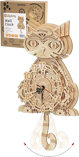 Wooden 3D Puzzles for Adults Model kit Cat Clock Kids Wall Clock Decor for Birthday Gift/Christmas Day