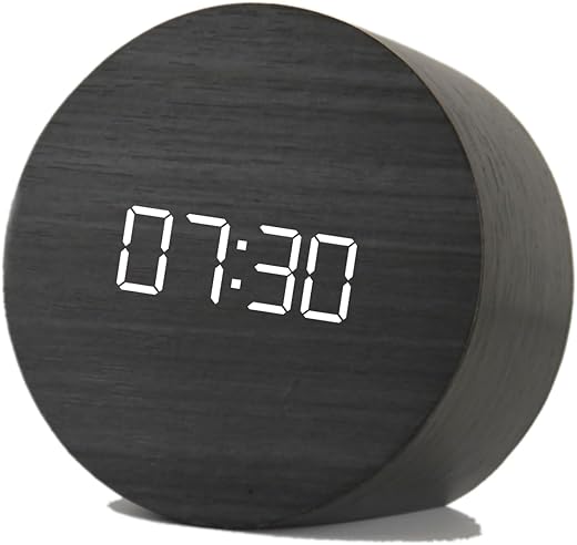 Wooden Alarm Clock for Bedroom | Digital Clock Electronic LED Time Display | 3 Alarm Settings | Adjustable Volume and Brightness | Sound and Tap Control | Snooze | USB Cord Operated (Black)