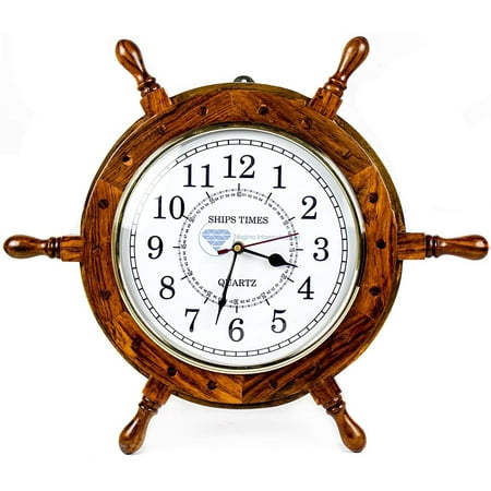 Wooden Clock Ship Wheel - (16 Inches, White Numeric Dial) - SHIPS TIMES QUARTZ