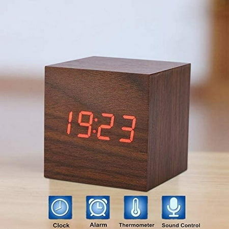 Wooden Cube Alarm Clock With Voice Control Function, Digital Clock Displays Time&Te[2993]