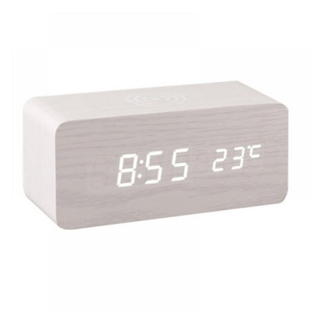 Wooden Digital Alarm Clock with Wireless Charging,0-100% Adjustable Brightness Dimmer and Alarm Volume,Weekday/Weekend Mode,Dual Alarm, Snooze, 12/24H,Wood LED Clock for Bedroom White