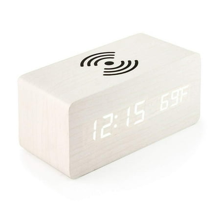 Wooden Digital Alarm Clock with Wireless Charging, LED Display, Sound Control and Snooze Dual for Bedroom, Bedside, Office,White wood,White wood，G36348