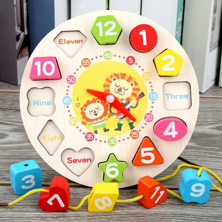 Wooden Digital Clock Children's Alarm Clock Beaded Building Blocks Three-dimensional Puzzle Shape Matching Toy for Men Women Kids Mothers Day Gifts