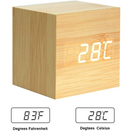 Wooden Digital Cube Alarm Clock Touch Sound Activated Desk Clock Portable Travel Cl[2043]