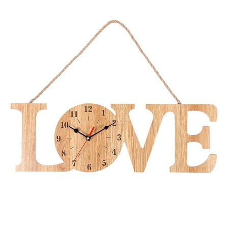 Wooden Hemp Rope Wall Clock Home Living Room Creative Decorative LOVE Clock Household Bedroom Hanging Bar Decor without Battery (Beige)