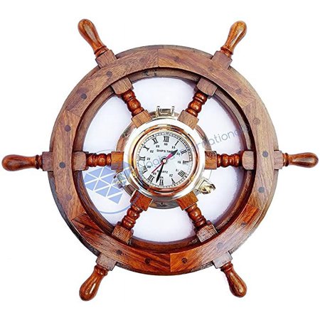 Wooden Ship Wheel - Mounted Solid Brass Polished Jhanjhat Porthole Clock (White Roman Dial) - (30 Inches)