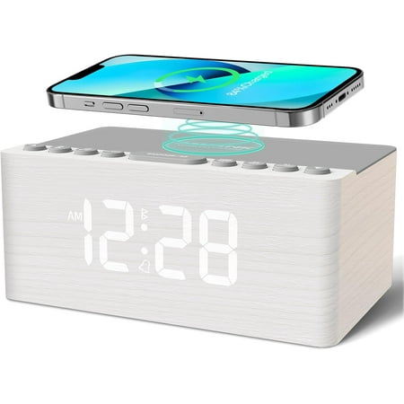 Wooden Sound Machine Alarm Clock for Bedroom, Bluetooth Speaker, Wireless Charging Station for iPhone/Samsung, Sleep Timer, 0-100% Dimmer, White Noise Machine for Sleeping Adults with 20 Sounds