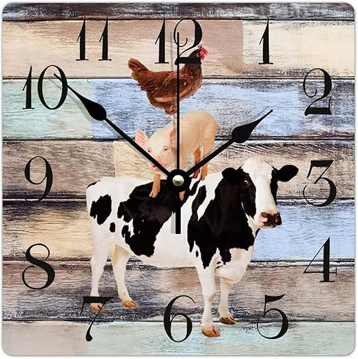 Wooden Wall Clock Farm Animal Cow Pig and Chicken 10 Inch Old Fashioned Square Wooden Wall Clock Digital Accurate Wood Clock for Bedroom Kitchen Wall Decor Home Decor