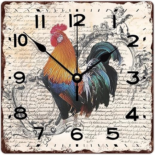 Wooden Wall Clock Rusty Farmhouse Rooster and Chicken Battery Operated Square Wall Clock Decorative Decorative Style Wood Clock Wall Decor Home Decor Clock for Kitchen Kitchen School 12 Inch