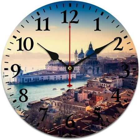 Wooden Wall Clocks Beautiful Water City Vintage Antique Italy Venice Round Decorative Clock Silent Non-Ticking Quartz Battery Operated Italian Landscape Clocks 16 Inch Bedroom Living Room Home Decor