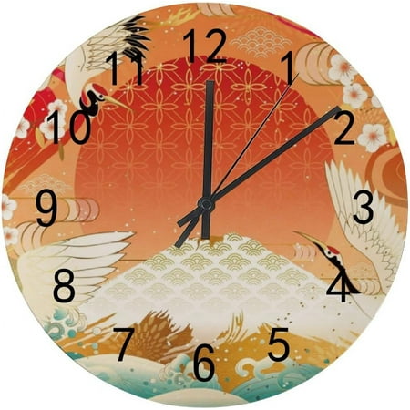 Wooden Wall Clock Silent Non Ticking Japanese Style Cranes Mount Fuji Battery Operated Frameless Decoration Home Office Bedroom School 12 Inch