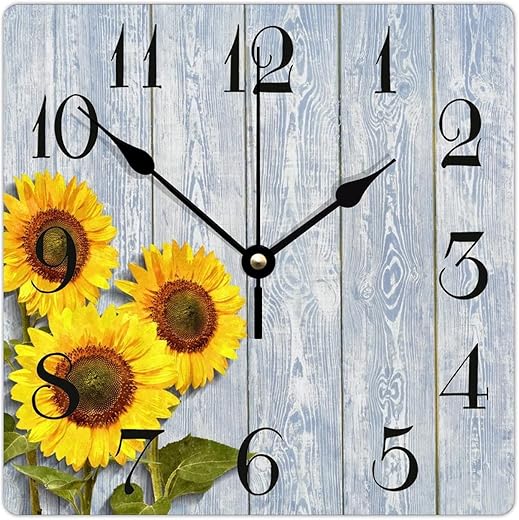 Wooden Wall Clock Sunflowers with Vintage Rustic Wood 10 Inch Rural Square Wooden Wall Clock Accurate with Metal Hands Rustic Wood Clock for Dining Room Bedroom Wall Decor Home Decor