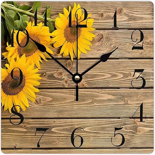 Wooden Wall Clock Sunflowers with Vintage Rustic Wood 15 Inch Rural Square Wooden Wall Clock Easy to Read Non-Ticking Rural Wood Clock for Farmhouse Farmhouse Wall Decor Home Decor