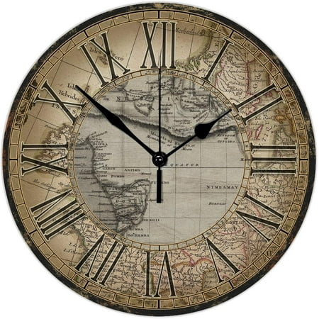 Wooden Wall Clock Vintage Style Old World Map Durable Sweep Movement Round Wall Clock Shabby Chic Country Style Wood Clock Rural Wall Decorations Home Decor Clock For Bathroom Kitchen School 12 Inch