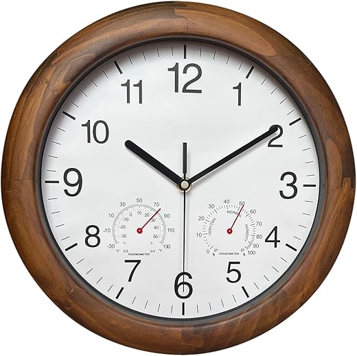 Wooden Wall Clock with Temperature and Humidity, 12 Inch Brown, Large Numbers for Room Decor