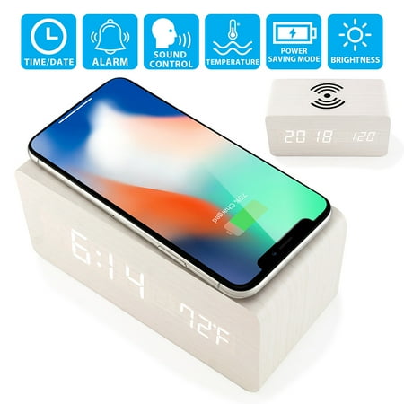 Wooden Wood Alarm Clock Qi Wireless Charging LED Sound Control Time Date Temperature - White