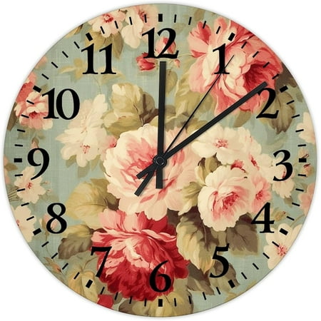 Wood Hanging Wall Clock Non-Ticking Quartz Battery Operated Chinoiserie Pink Cabbage Roses Peony Retro Wall Clocks Blue Flower Fresco Japanese Gifts Wooden Wall Decor For Study Room Bedroom Cabin 10