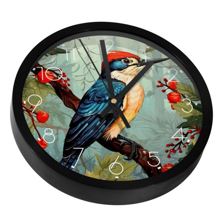 Woodpecker Bird on Red Berries Branch Silent Wall Clock, Non Ticking Battery Operated 9.8 Inch Wall Clocks for Bedroom Kitchen Home Office School Art Decor