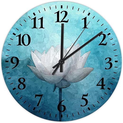 Wood Wall Clock Non-Ticking Sweep Movement White Lotus' Flower Farmhouse Wall Clocks Floral Meditation Oil Painting Home Decoration for Warehouse Home Auto Shop 15 Inch