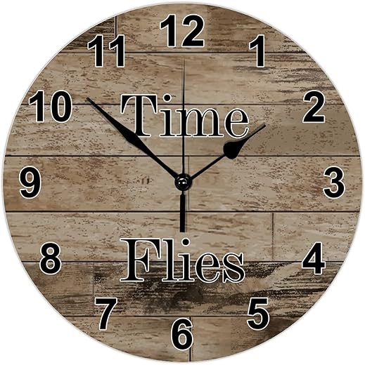 Wood Wall Clock Time Fly Time Saying 12 Inch Antique Round Wooden Wall Clock Durable Sweep Movement Vintage Style Wood Clock for Living Room Living Room Wall Decor Home Decor