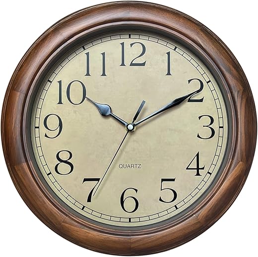 Wood Wall Clock with Retro Design, 12 Inch Round, Big Arabic Numerals, for Living Room Kitchen Classroom Gym and Pool, Brown